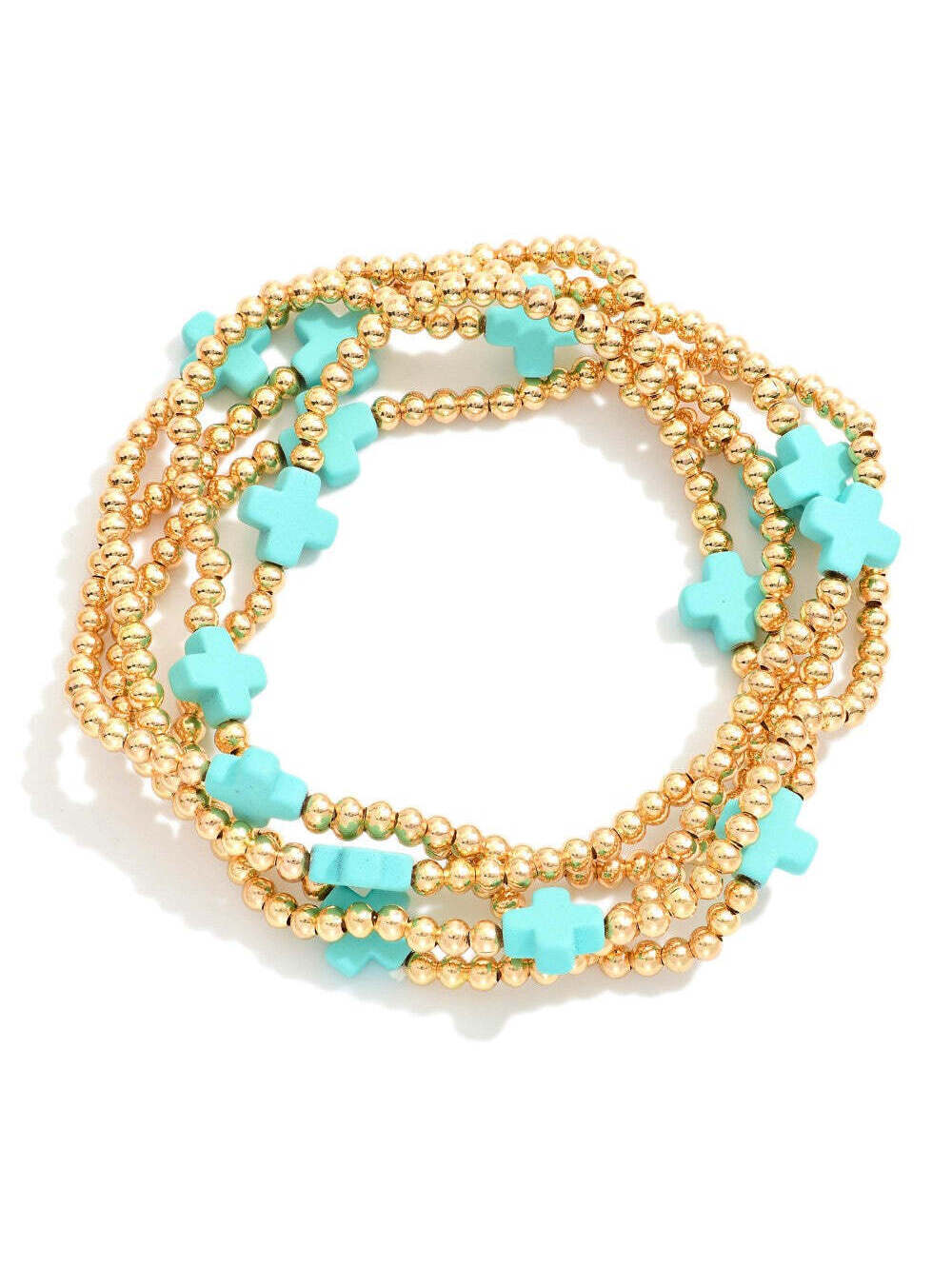 Set of 5 Gold Tone Beaded Stretch Bracelets with Turquoise Cross Beads